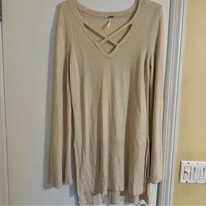 Free People Tunic Sweater criss cross  Boho Cream Hi/Low Split Hem Bell Sleeve